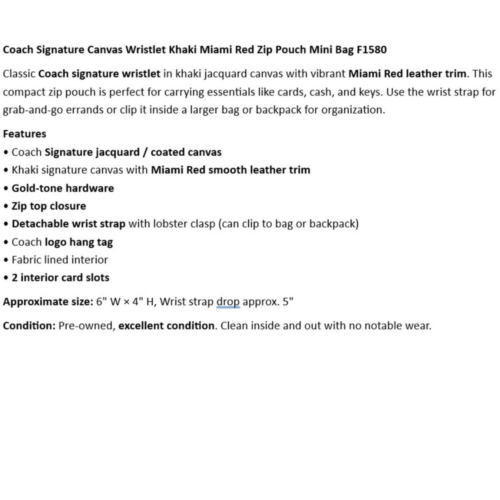 Coach Signature Canvas Wristlet Khaki Miami Red Zip Pouch Mini Bag F1580 EUC - Picture 2 of 8